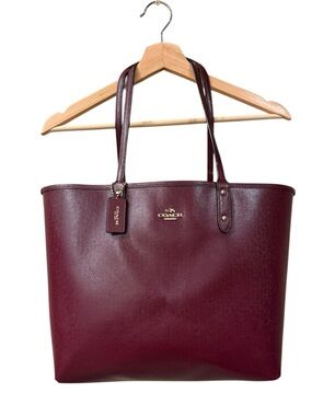 Coach Burgundy/Oxblood Leather City Tote with Gold Logo (Minimalist, Chic)